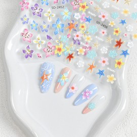 6 Sheet Summer Nail Stickers for Nail Art Decals YEFIUO Self-Adhesive Nail Art Stickers Charms Sliders 5D Relief Flowers Starfish Design Manicure DIY Supplies Stuff Accessories for Women and Girls