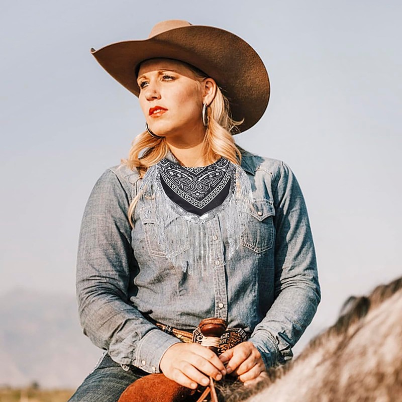 FakeFace Rhinestone Bandana with Fringes, Women's Glittering Disco Cowgirl Neckerchief,