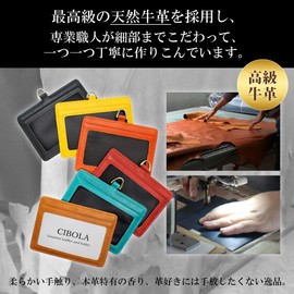 CIBOLA Luxury Cowhide Leather ID Card Holder, Horizontal Type, Employee ID Case, Genuine Leather, ID Holder, Commuter Pass Business Card Holder, Card Storage, Work or School, Name Holder, Card Case,