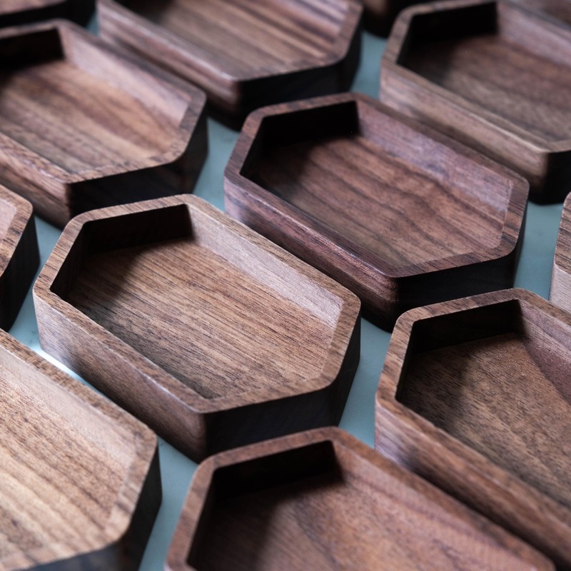 Walnut Wood Ring Tray, Narrow Hexagon Hardwood Holder, Slim Hexagonal