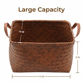 GIB Wicker Storage Baskets for Shelves with Handles 4 Pack, 15"x10"x8" Hand Woven Decorative Rectanguler Baskets Bins Organizer for Blankets Clothes Laundry Bathroom Nursery Picnic, Brown