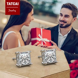 TATCAI 18K White Gold Plated Sterling Silver Princess Cut Square Cubic Zirconia Stud Earrings for Women Men Clear CZ Diamond Stud Earrings (5MM, White Gold)