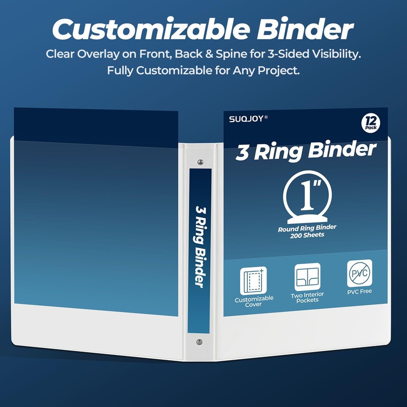 1 Inch 3 Ring Binders 12 Pack, Clear View Binder