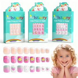 Allstarry Kids Press on Nails, 3 Packs Nails for Kids Children Nail Press on Pre-glue Full Cover Rainbow Glitter Heart Donut French Short False Nail Kits Lovely for Children Little Girls