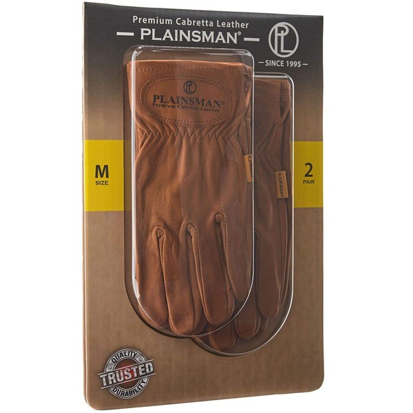 Plainsman Premium Cabretta Brown Leather Gloves Work, 2 Pairs, Medium