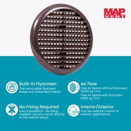 Map Round Louvre Air Vent Cover for Openings 80-152mm, Integral Flyscreen Mesh, for Bathroom, Kitchen, Shed, Garage, External & Internal Walls - Brown