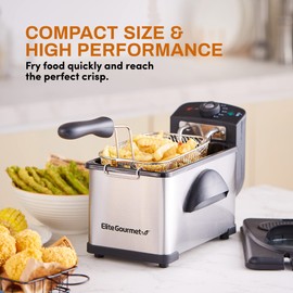 Elite Gourmet EDF2100 Electric Immersion Deep Fryer Removable Basket Adjustable Temperature, Lid with Viewing Window and Odor Free Filter, 2 Quart / 8.2 cup