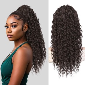 AISI BEAUTY Curly Drawstring Ponytail Hair Extension for Women 20 Inch Natural Looking Synthetic Clip in Ponytail Extension for Daily Party Use(Dark Brown)