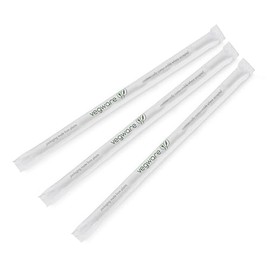 Vegware Compostable Wrapped Plastic Straws, Case of 6500, 8.25" Long, 7mm Diameter, PLA Renewable Plant Based Plastic, Translucent with Green Stripe, Great for Cocktails or Cold Drinks