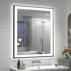 CHARMOR 28x32 LED Mirror with Matte Black Frame for Bathroom Wall, Lighted Vanity Mirrors with Lights, Dimmable, Anti-Fog, Memory, Shatterproof, ETL Listed (Front and Backlit)