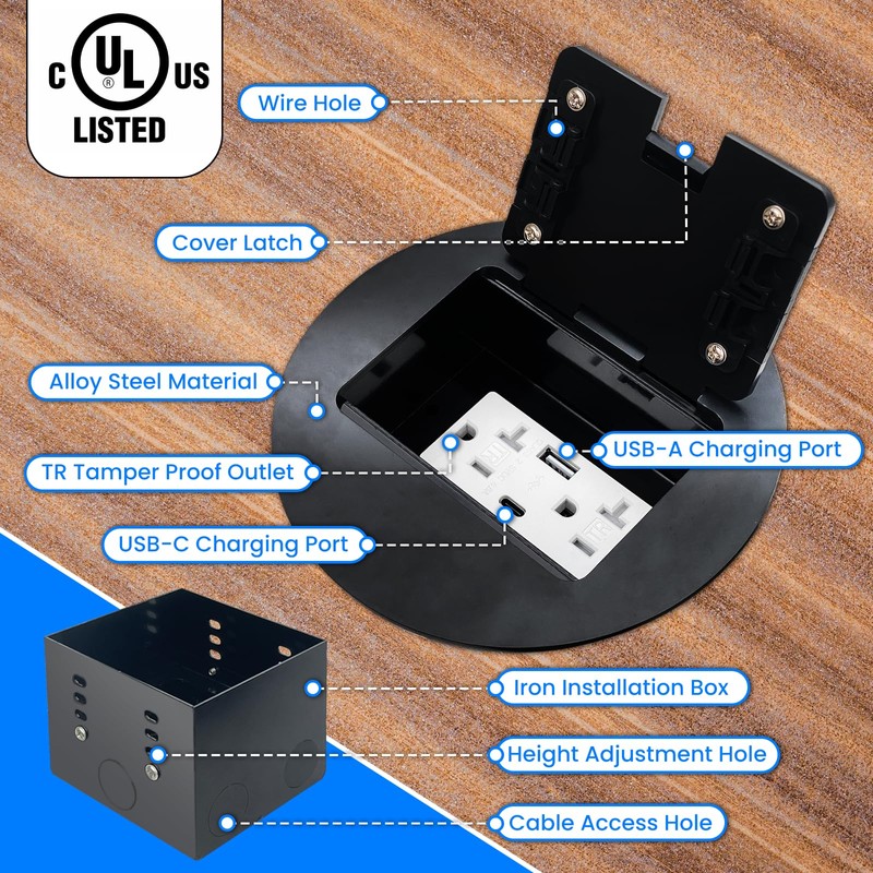 Recessed Floor Outlet Box, Deep Receptacle with 4.8A USB-A and