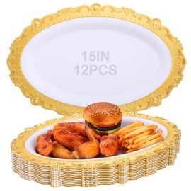 Rtteri 12 Pcs Oval Serving Platter with Floral Gold Rim Reusable Heavy Plastic Oval Dinner Plates White Serving Trays Wedding Platter for Turkey Meat Fish Appetizers Food (15 x 10.5 x 0.8 Inches)
