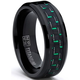 Metal Masters Black Titanium Wedding Band Ring with Black and Green Carbon Fiber Inlay, Comfort fit 8mm, Sizes 7 to 13