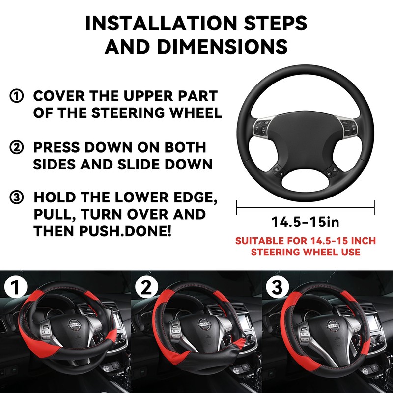 Couslcd Leather Car Steering Wheel Cover, Universal 15 Inch Car