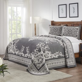 SUPERIOR Cotton Blend 3-Piece Bedspread Set, Oversized Bedspread, 2 Matching Pillow Shams, Light Weight Blanket, Jacquard Traditional Medallion Bedding Decor, Adalie Collection, King, Charcoal
