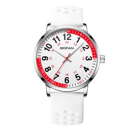 BOFAN Nurse Watch for Medical Professionals,Students,Doctors with Red Fifteen Minute Pulsometer,Easy to Read Dial,Second Hand and 24 Hour,Soft Breathable White Silicone Band,Water Resistant