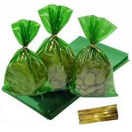 KUNYYI Green Cellophane Treat Bags - 100Pcs Cello Bags Resealable 6x9 Inch Candy Favor Bags for Parties, Holidays, Snacks Goodie Gifts Party