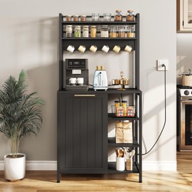 DWVO Black Bakers Rack with Trash Can Bin Cabinet and Power Outlet, Microwave Stand Cabinet with 6 Hooks, 6-Tiers Farmhouse Kitchen Tall Thickened Coffee Bar Table Station with Storage Shelf