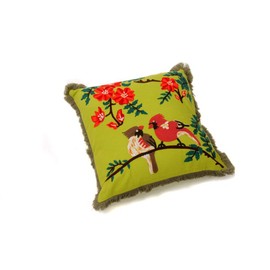 HAB & GUT -IC011A- Decorative Cushion with Filling Birds and Flowers Embroidered with Fringe 40 x 40 cm Apple Green Background