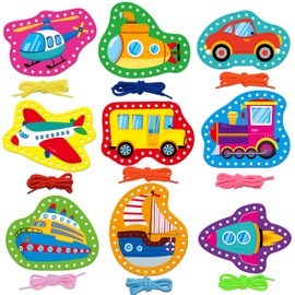 9 Pieces Kids Lacing Cards, Double Sided Vehicle Sewing Cards with 9 Colorful Laces, Imagination Development Lacing Toys Games for Children Educational and Learning Activity