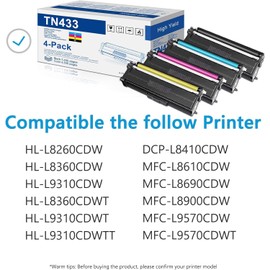 TN433BK, TN433C, TN433Y, TN433M 4-Color High Yield Toner Cartridge Set, Replacement for Brother TN-433 TN433 HL-L8260CDW HL-L8360CDW MFC-L8610CDW HL-L9310CDW Printer Toner