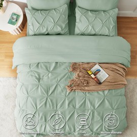 CozyLux Queen Comforter Set Sage Green, 7 Pieces Pintuck Bed in A Bag, Premium Green Comforter Queen Size, Pinch Pleat Bedding Sets with Comforter, Sheets, Pillowcases & Shams