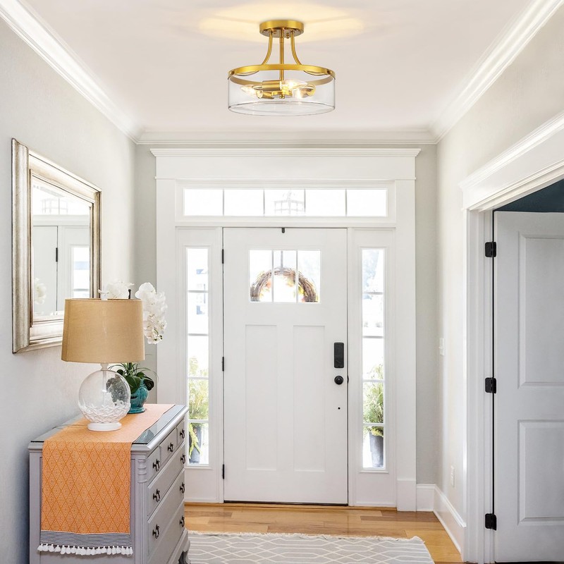 11.81" Brushed Gold Semi Flush Mount Ceiling Light Modern Glass