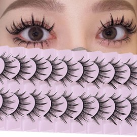 DSLONG 10 Pairs Manga Lashes Wet Look Lashes Effect Cat Eye Lashes Extension Fluffy Spiky Mink Lashes Japanese Cosplay Styles Anime Fake Eyelashes Reusable