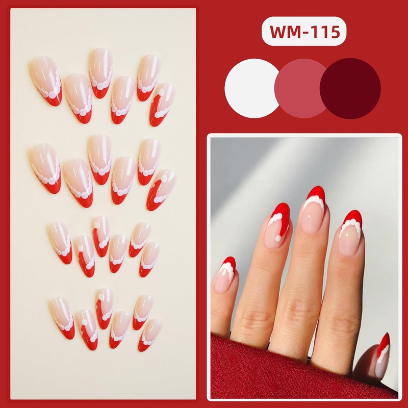 OHWODA Christmas Red Press on Nails Medium Almond Fake Nails,