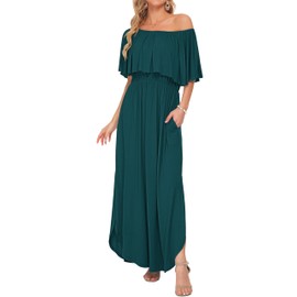 AUSELILY Womens Off The Shoulder Dress Summer Casual Long Ruffle Party Side Split Beach Maxi Dresses with Pockets Dark Green M