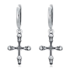 ROMANTICWORK Cross Earrings 925 Sterling Silver Skull Cross Dangle Huggie Hoop Earrings Religion Cross Jewelry Gifts for Men Women