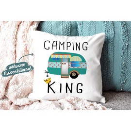 PR Print Royal Cushion with Filling – Camping King – Gift for Camper, Camping Cushion, Birthday Gift – Colour Cushion Back, Black, 40 x 40 cm