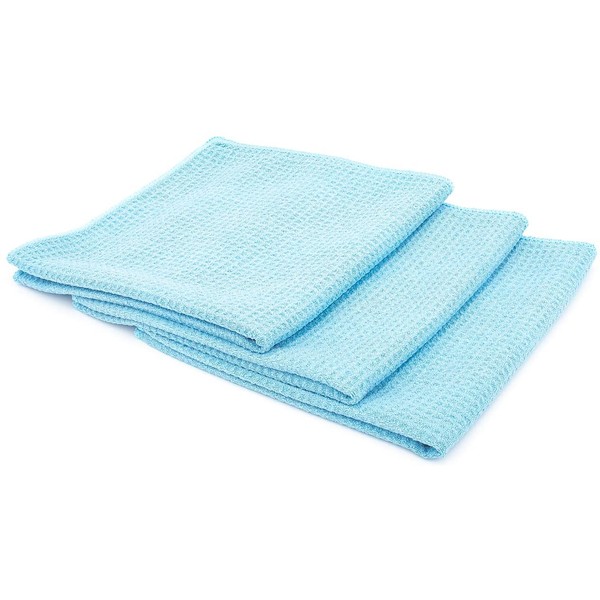 The Rag Company (3-Pack) 16 in. x 16 in. Blue Waffle-Weave 370gsm Microfiber Detailing, Window/Glass and Drying Towels - LINT-Free, Streak-Free