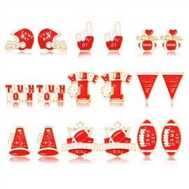 NLCAC 9 Pairs Football Stud Earrings for Women Red White Game Day Football Helmet Touch Down Ear Stud Earrings Football Accessoies Team Jewelry