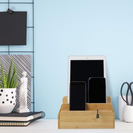 Relaxdays Bamboo Charging Station for Multiple Devices, Tablet & Smartphone, Cable Box Organiser, H x W x D: 10 x 22.5 x 15 cm, Natural