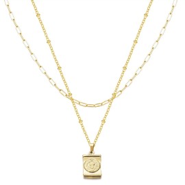 Elegant Women Necklace Stainless Steel 14K Gold Multi-layer Jesus Double Sided Cross Necklace with Adjustable Chain JewelryColor: Gold