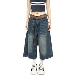 POHADON Women Y2k Baggy Jorts Vintage Wide Leg Long Jean Shorts Loose Fit Capri Denim Shorts Trendy Grunge Vintage Streetwear, Denim, Small