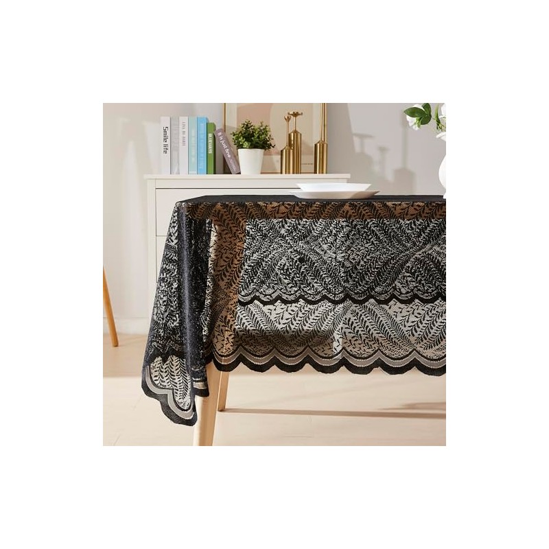 LinenZone Rectangular Lace Tablecloth with Leaves Design. Each Black Tablecloth