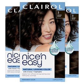 Clairol Nice 'n Easy Permanent Hair Color, 3 Brown Black, 3 Count Allergy Gentle Single-Step Hair Dye with Conditioners, Natural-Looking Color, Salon Highlights, 100% Grey Coverage