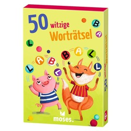 moses. 50 Funny Word Puzzles, Card Set with Funny Word Games and Letter Puzzles, Children's Birthday, Start of School and Holiday, for Children from 6 Years, Yellow