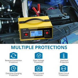 AUTOUTLET Upgraded 6/8/12/14/16/24V Battery Charger Automotive Smart Car Battery Charger and Trickle Maintainer 0-10A Fully Automatic with Cable Clamps