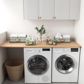 Qcold Bathroom Organizers and Storage, 4 Pack Storage Baskets for Shelves, Multipurpose Bins Organizer with Wooden Handles, Decorative Organizer Basket Set for Bathroom, Laundry, Living Room - Green