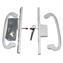 8.5" Legacy Sliding Patio Glass Door Offset Latch White Handle Set with Keys - Sash Controls 2265 Keyed Lock - Fits 3-15/16" Screw Hole Spacing and 1-1/4" to 2-1/4" Door Thickness