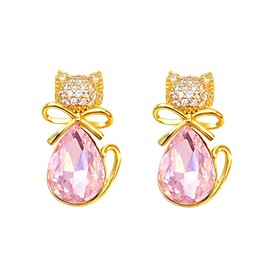 Cute Crystal Cat Earrings for Women Hypoallergenic Sterling Silver Post Elegant Pink Cubic Zirconia Earring Gold Plated Dangle Stud Lovely Kitten Kitty Animal Jewelry for Women Pet Lover