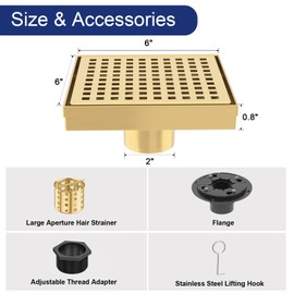 6 Inch Square Shower Drain | Brushed Gold Shower Drain with Flange, Hair Strainer & Removable Grid Cover, AISI 304 Stainless Steel Shower Floor Drain, in Bathroom, Kitchen, Balcony etc