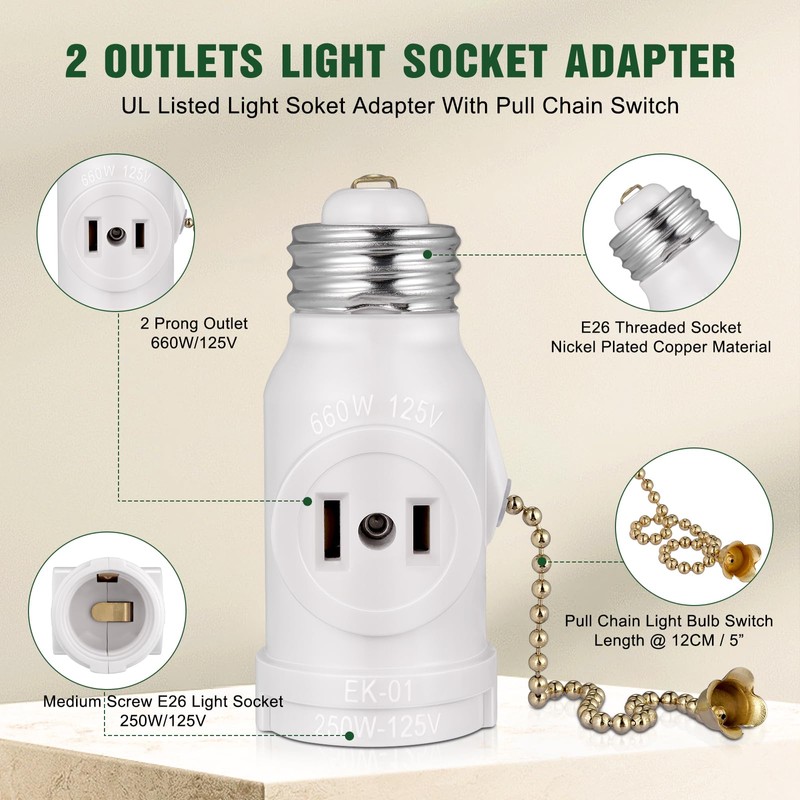 2-Pack E26 Light Socket Adapter - Converts Medium Screw Socket