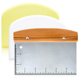 Raspador de banco versátil con mango de madera, cortador de masa de acero inoxidable de alta calidad con 2 raspadores de cuencos flexibles para pastel