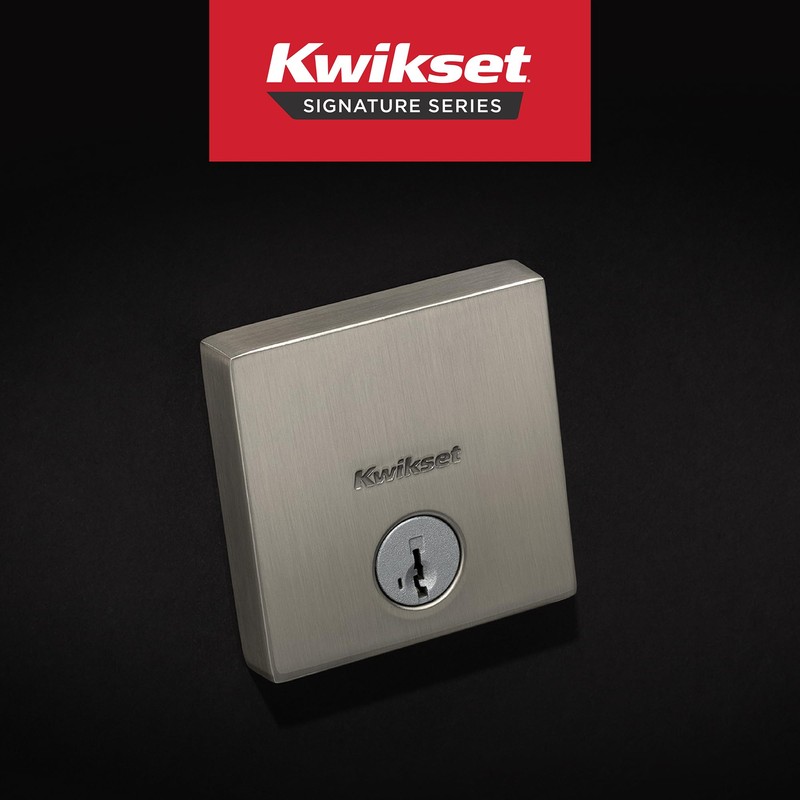 Kwikset Downtown Deadbolt Lock, Satin Nickel Square Exterior Keyed Front