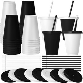 Skylety 16 Pcs Plastic Cups with Lids and Straws 16 oz Plastic Cups Coffee Reusable Tumbler Water Bottle Holiday Party Supplies Gift for Drinking Coffee Cocoa (White,Black)