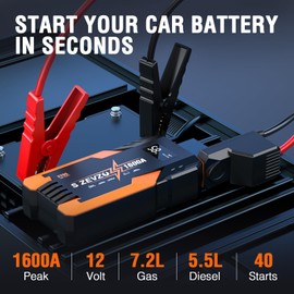 S ZEVZO ET05 Jump Starter 1600A Portable Car Jump Starter Battery Pack for Up to 7.2L Gas and 5.5L Diesel Engines 51.8Wh 12V Jump Box with USB Ports, LCD Display and LED Light